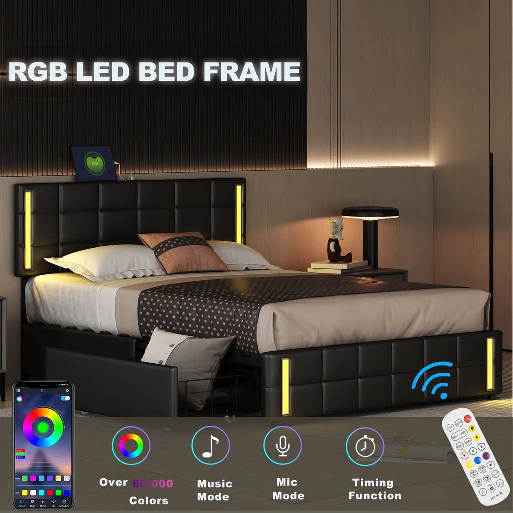 Queen Size Upholstered Platform Bed with LED Lights and USB Charging, Storage Bed with 4 Drawers, Black P742
