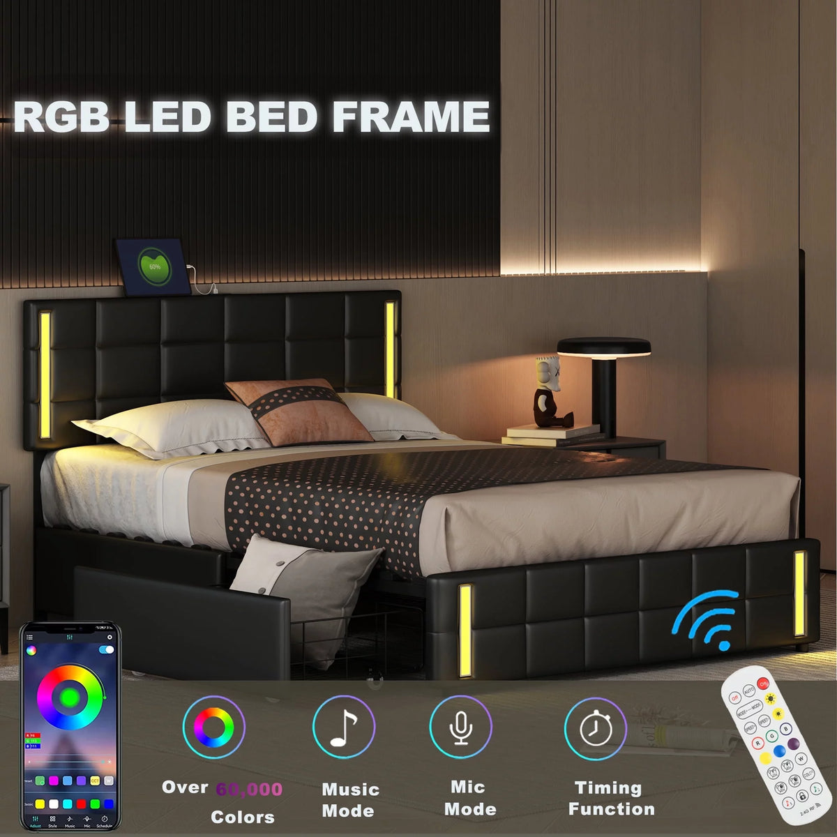 Queen Size Upholstered Platform Bed with LED Lights and USB Charging, Storage Bed with 4 Drawers, Black P742