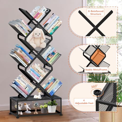Black 9 Tier Folding Tree Bookshelf with Storage Cabinet P69227