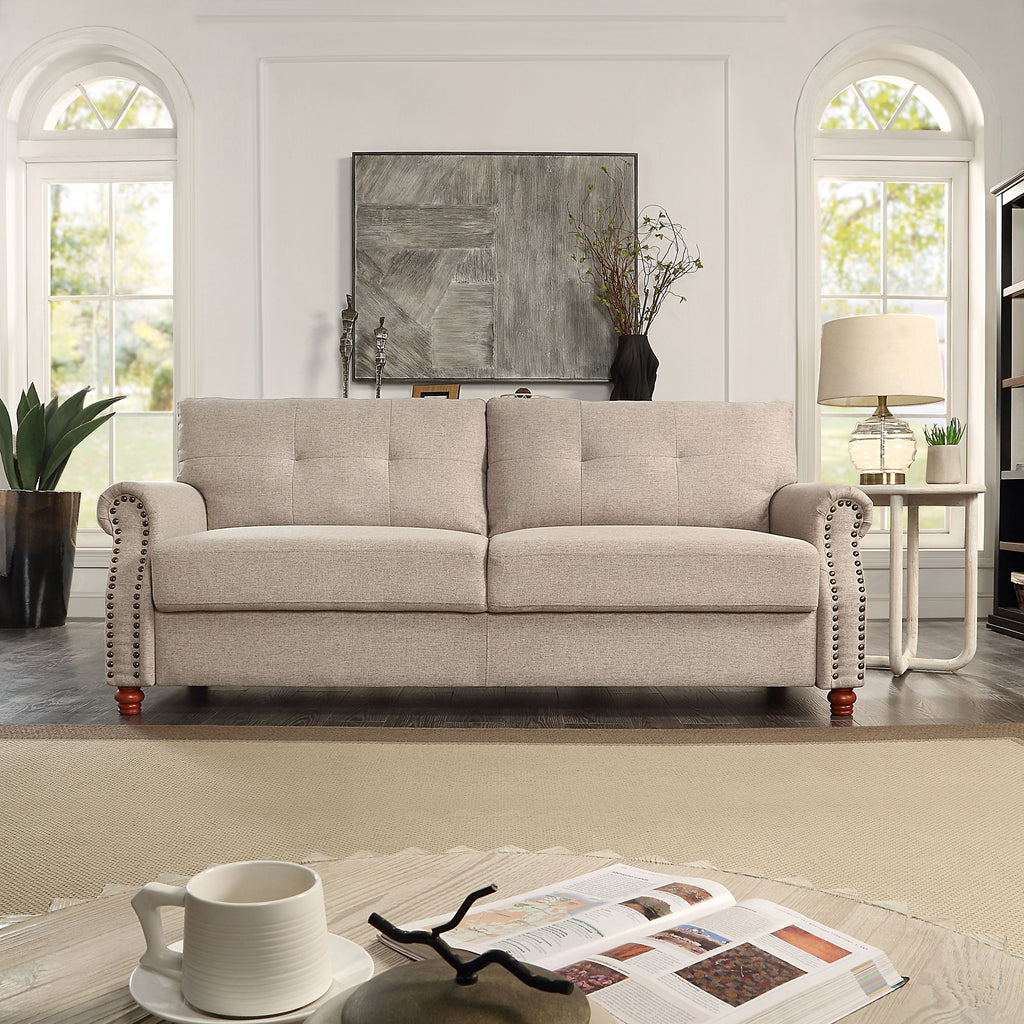 Beige Linen Storage Sofa with Tufted Cushions D31099