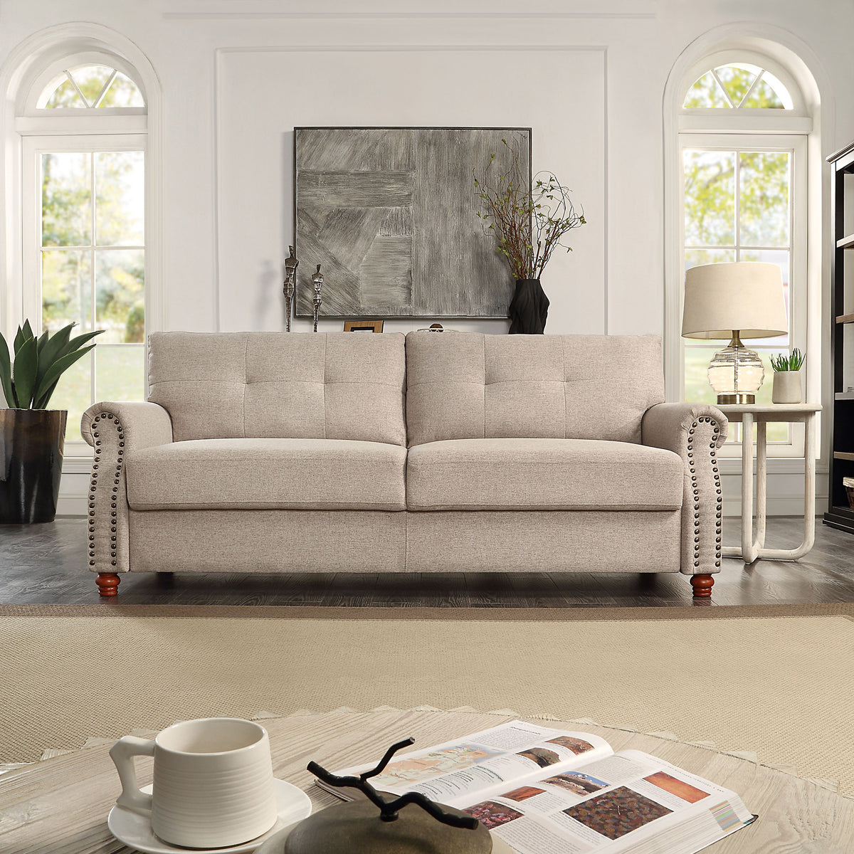 Beige Linen Storage Sofa with Tufted Cushions D31099
