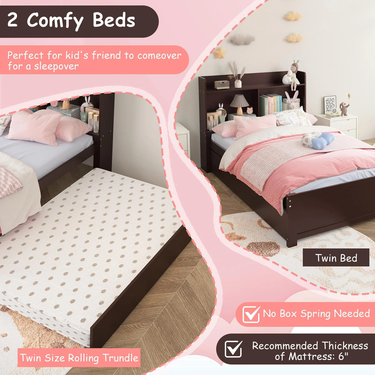 Twin Bed Frame with Trundle and Storage Bookcase P1101