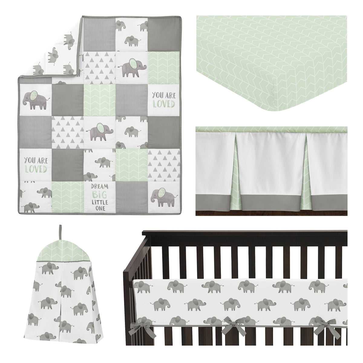 Mint Elephant Safari Crib Bedding Set - 5 Pieces - Green Grey and White Watercolor Y599023