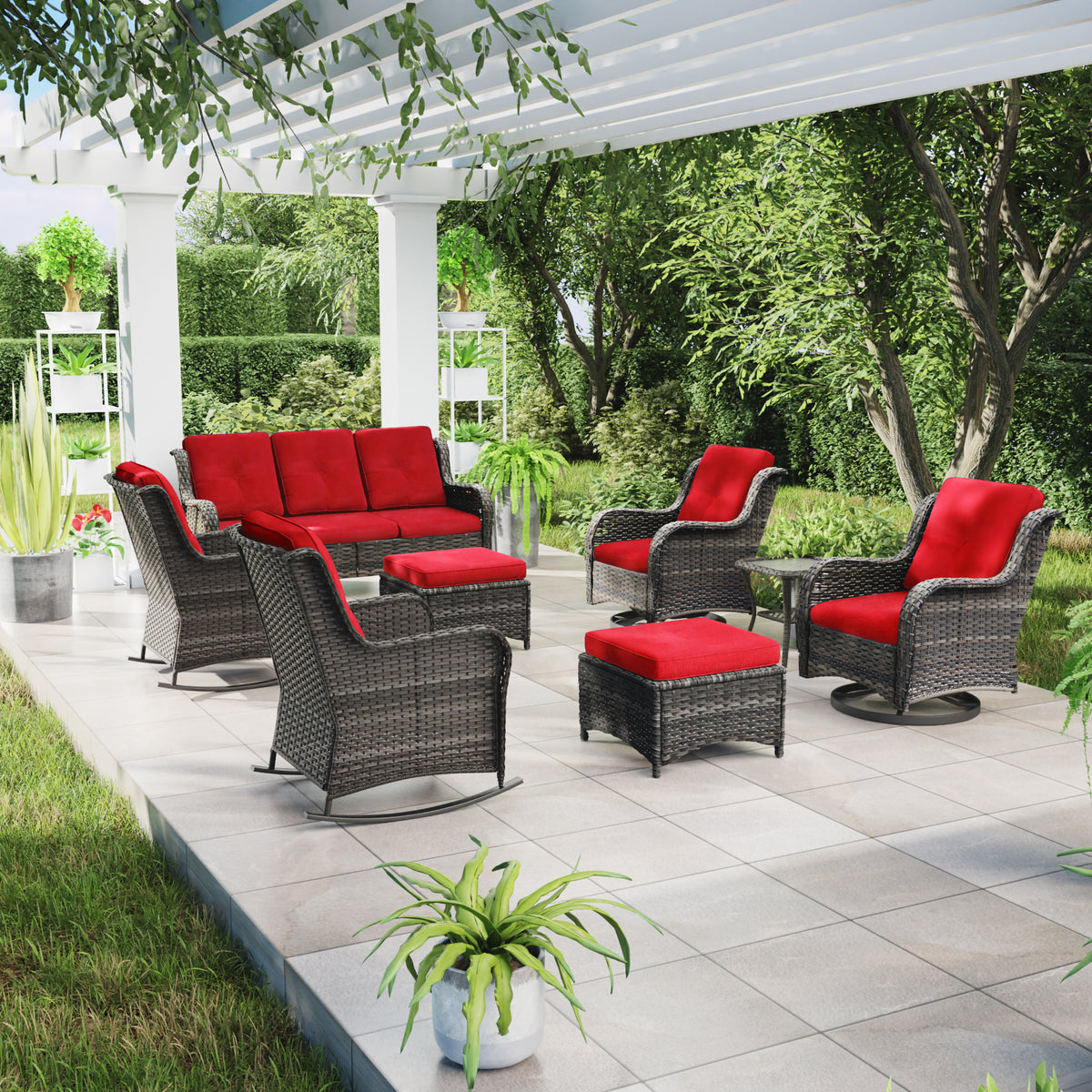 Red 8 Piece Patio Furniture Set with Sofa, Swivel Rocking Chairs, Ottomans, Side Table W3340