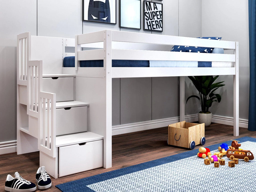 Contemporary Low Loft Twin Bed with 3 Drawer Stairway E9844
