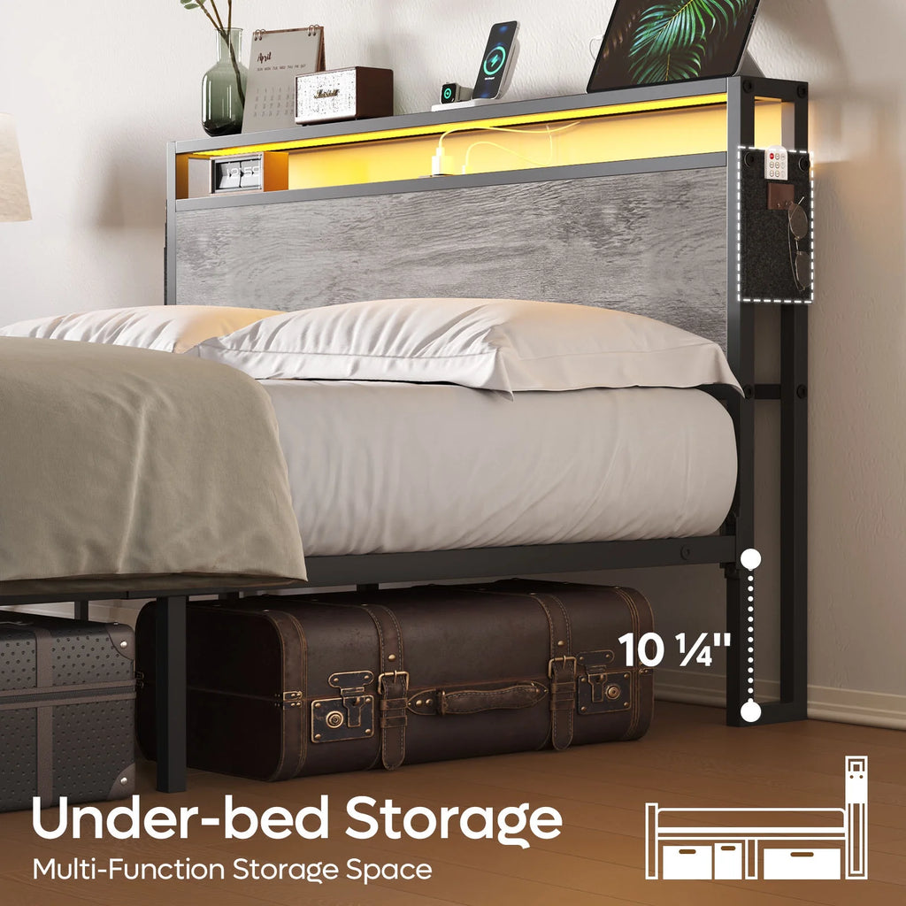 Queen Size Grey Bed Frame with Storage Headboard A449