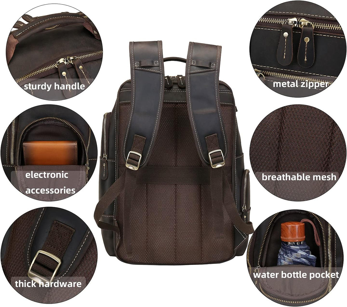 Leather Backpack for Men, 15.6 inch Laptop Backpack Vintage Full Grain Leather Bookbag V8058