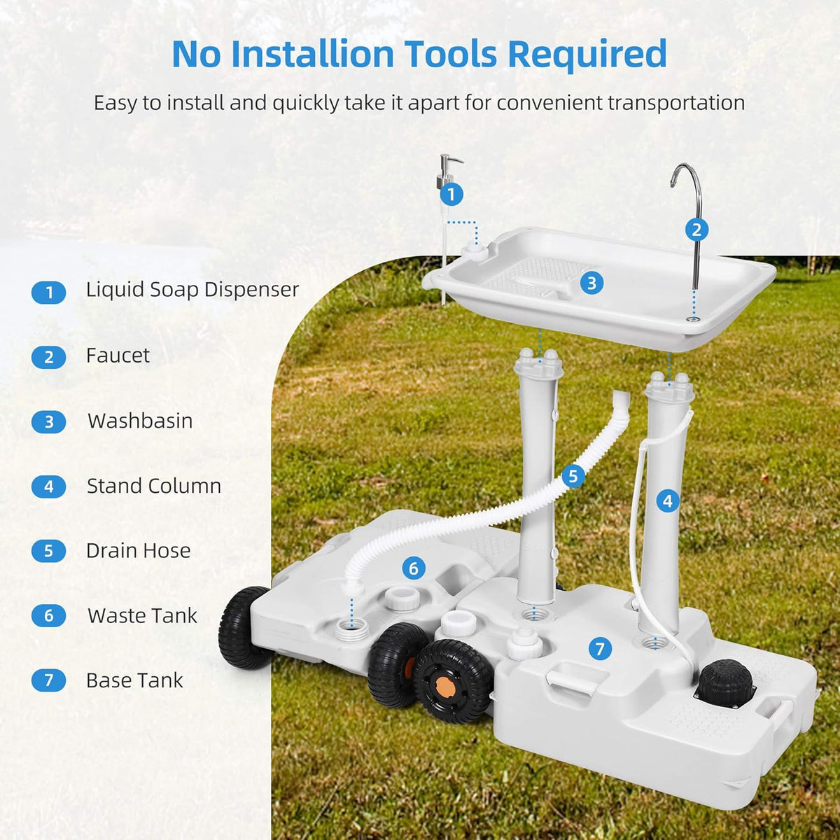 Portable Sink Camping 30 L with Rolling Wheels, Hand Washing Station with 30 L Sewage Tank L581