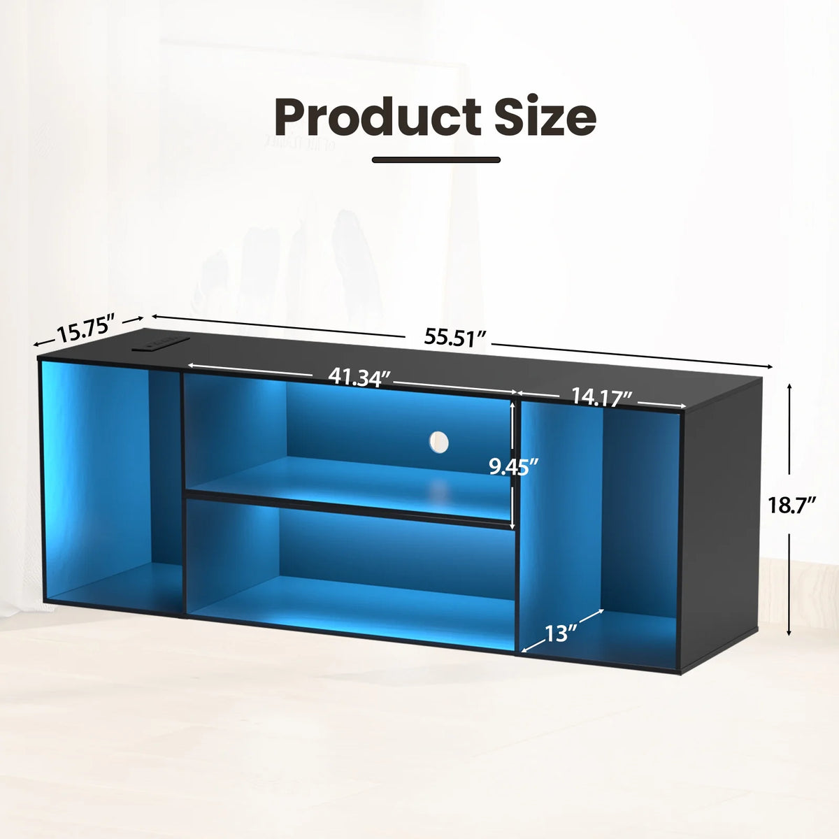 Black TV Stand with Power Strip and Storage Shelves P5149