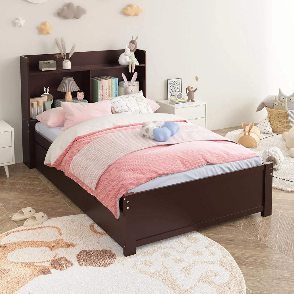 Twin Bed Frame with Trundle and Storage Bookcase P1101