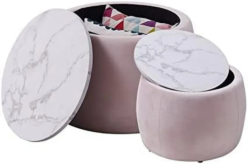 Round Ottoman Coffee Table Set of 2 with Wooden Lid Faux Marble Texture Top V536
