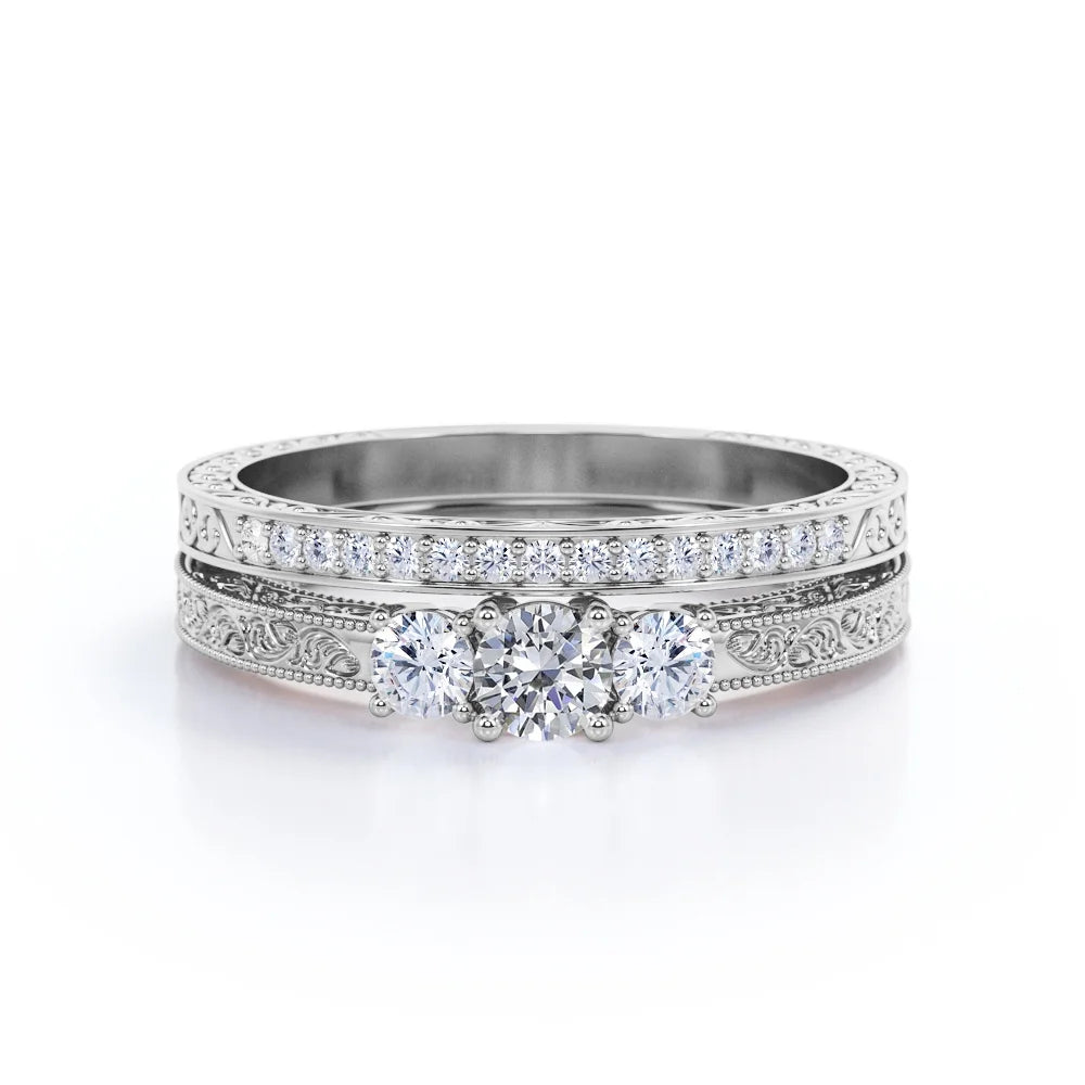 1.75 Carat Round Cut Moissanite Cathedral Wedding Ring Set in 18K White Gold Plating over Silver W31409