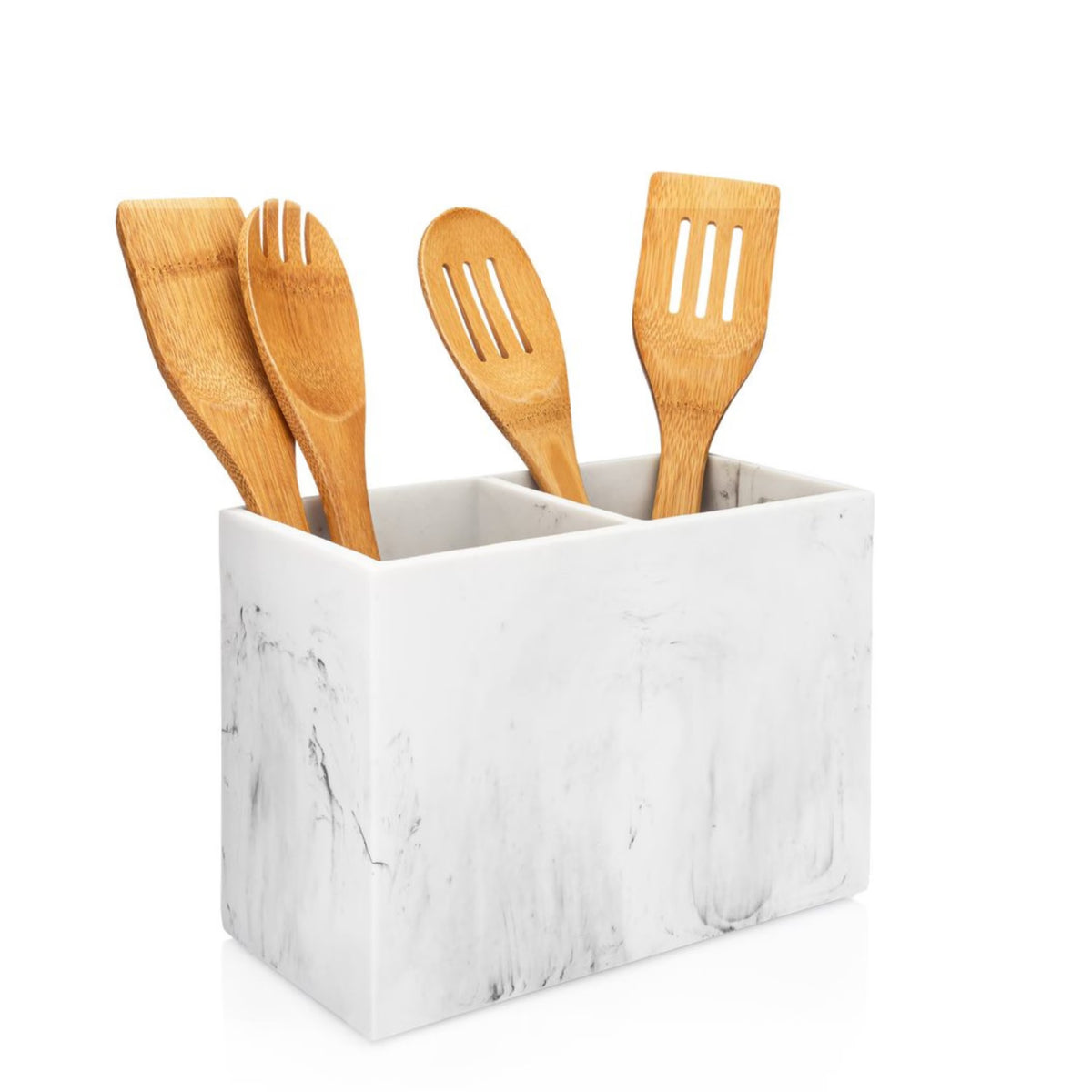 White Marble Rectangular Utensil Holder with Two Compartments X32808