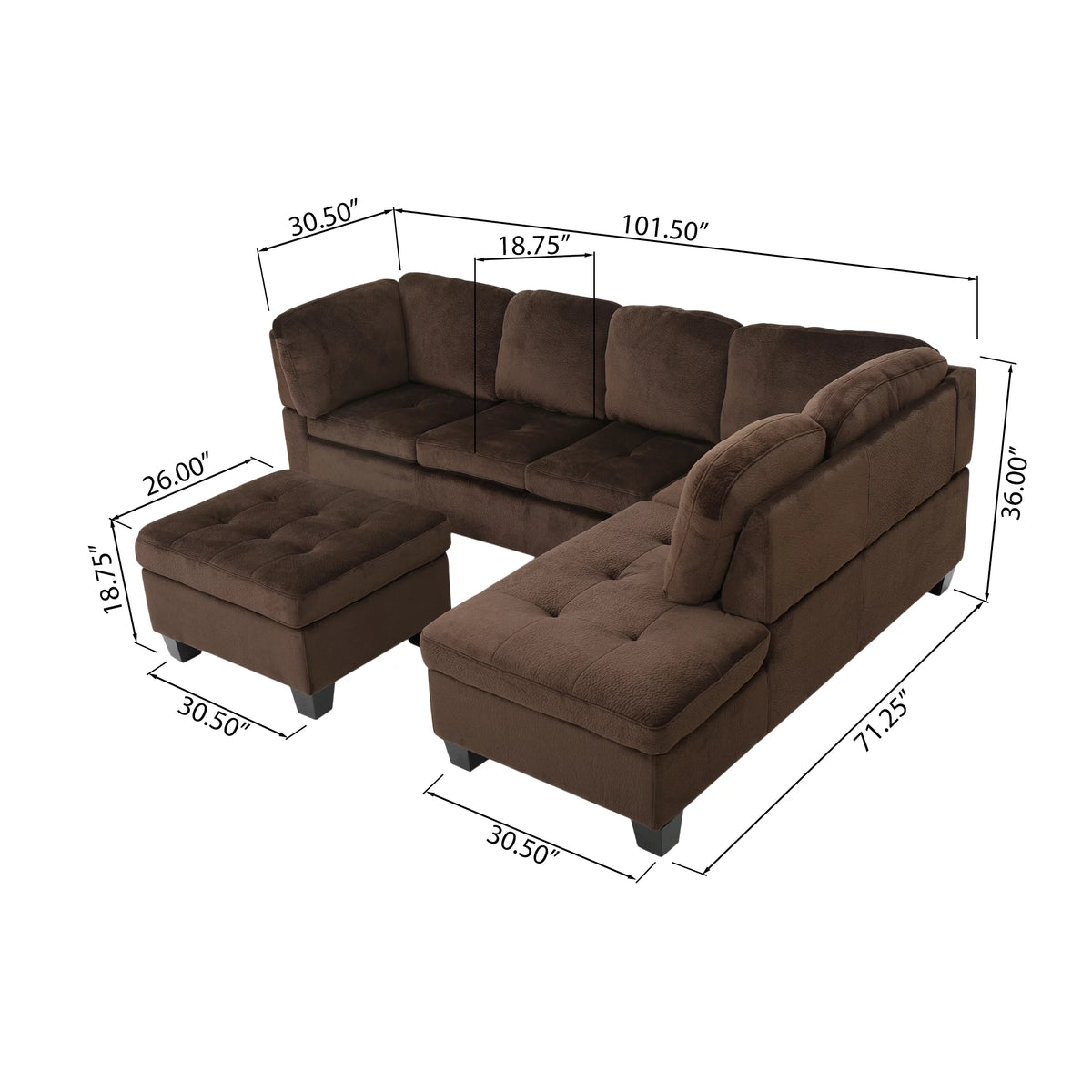 Chocolate Fabric 4 Seater Sectional Sofa with Ottoman S1367