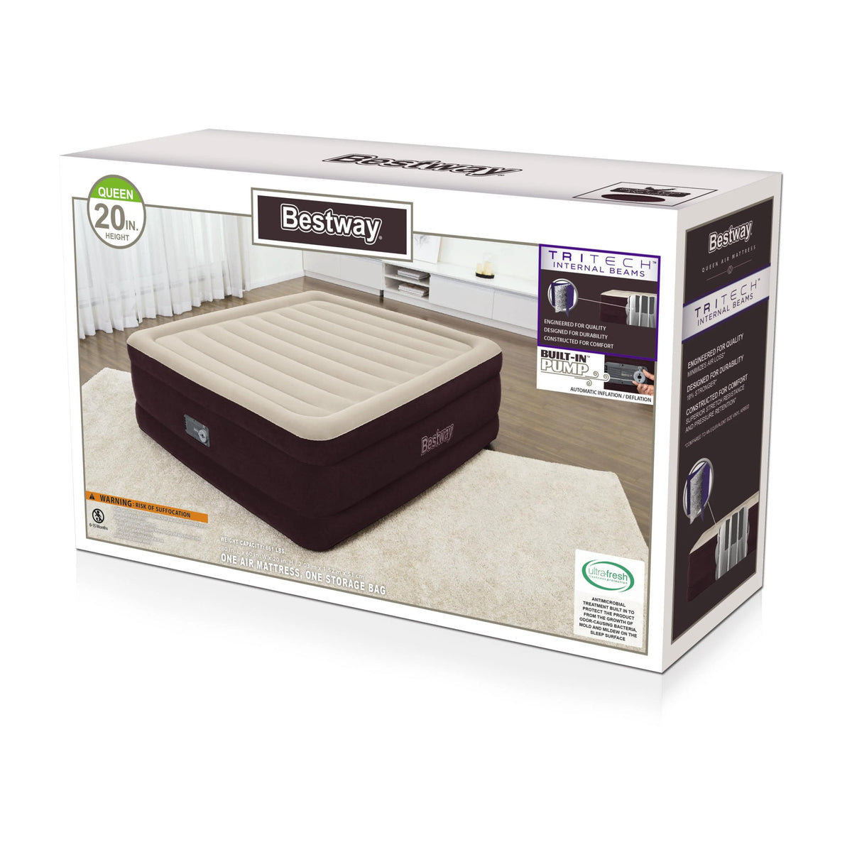 Maroon Queen Air Mattress with Built-in Pump K27244