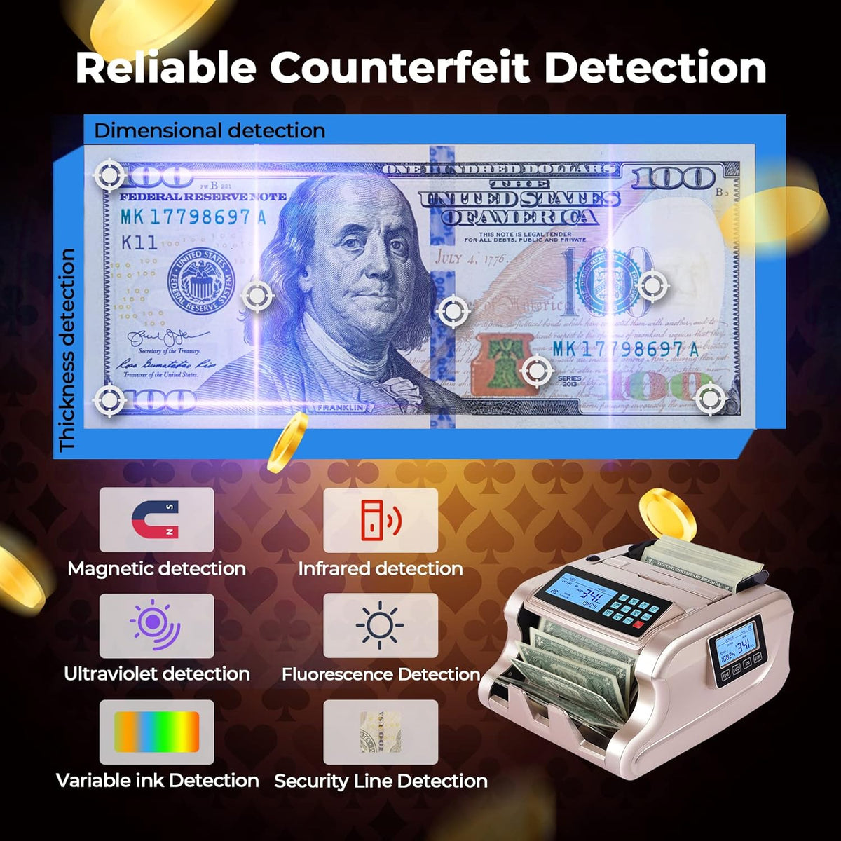Rose Gold Money Counter Machine with 3 Screens V567