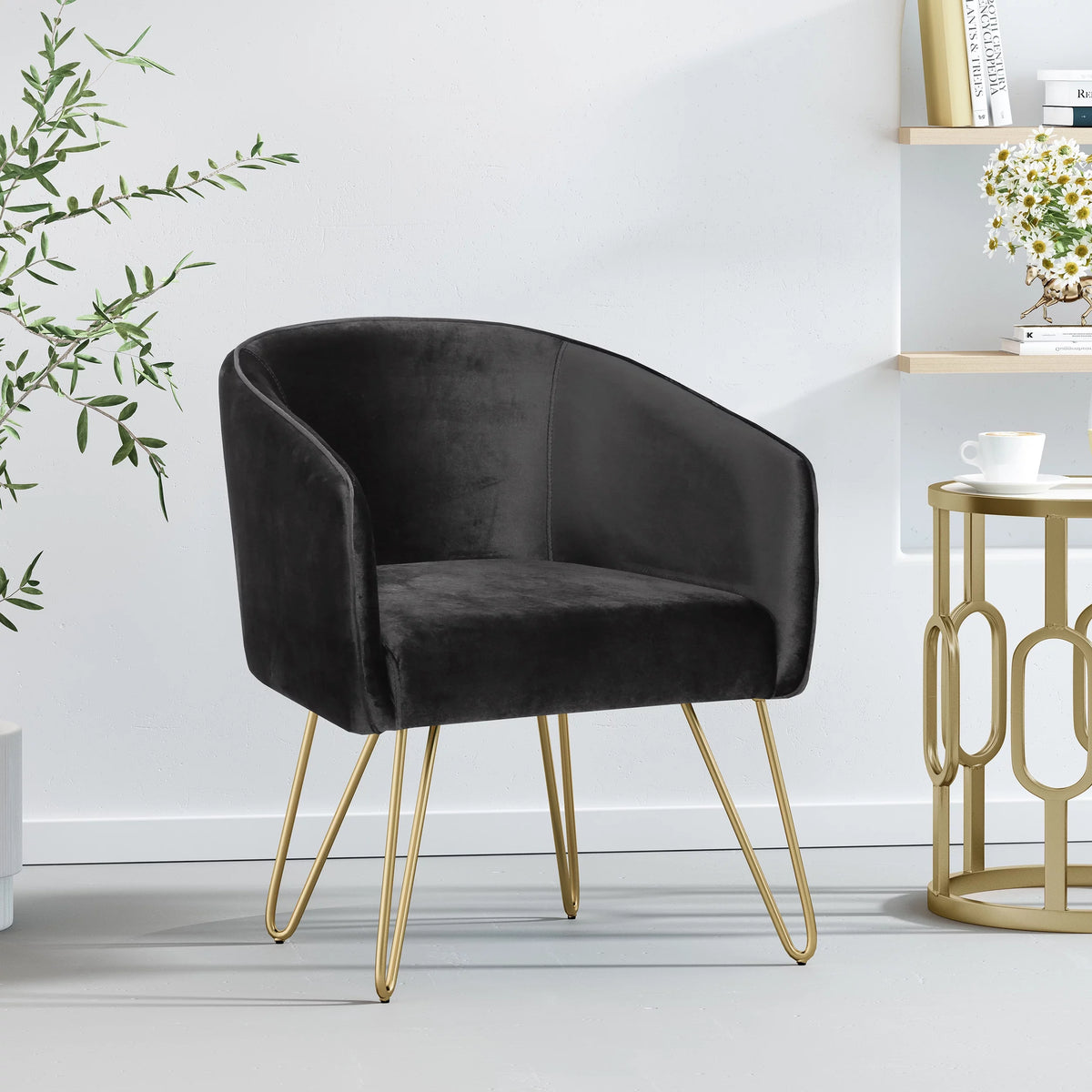 Black and Gold Velvet Club Chair with Hairpin Legs P99068