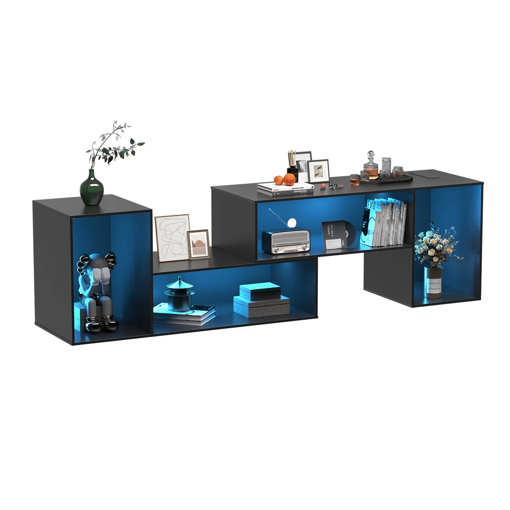 Black TV Stand with Power Strip and Storage Shelves P5149