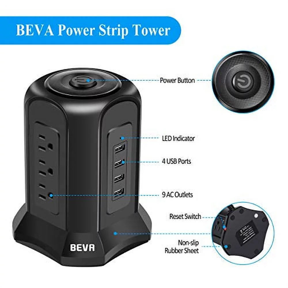 Black Power Strip Tower Surge Protector with 9 AC Outlets 4 USB Ports 6 ft Extension Cord I9971
