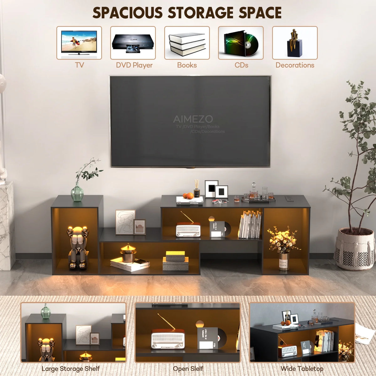 Black TV Stand with Power Strip and Storage Shelves P5149