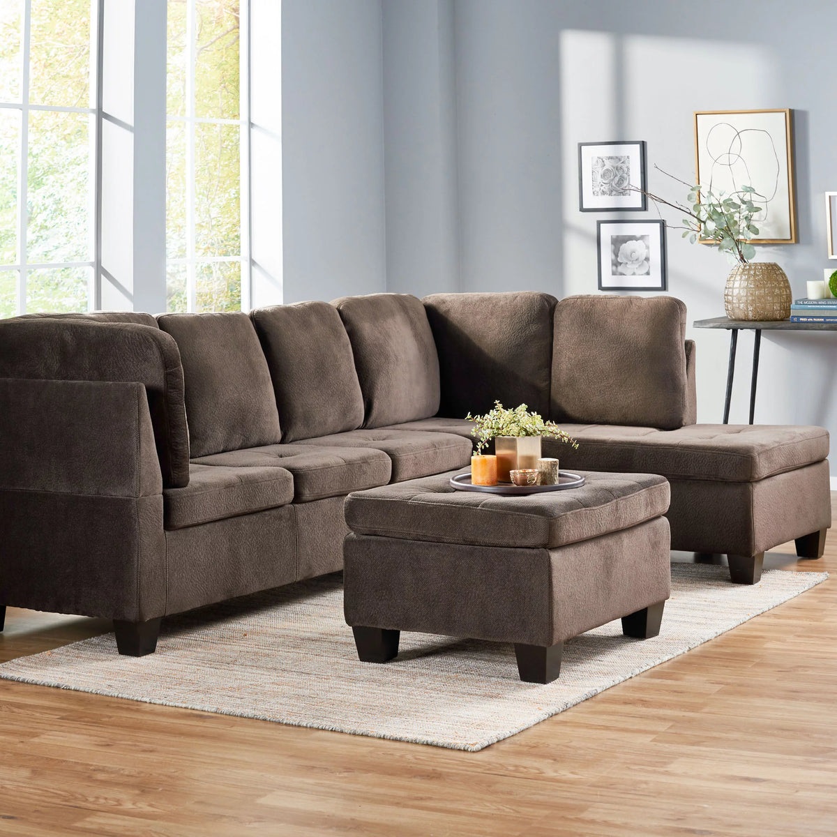 Chocolate Fabric 4 Seater Sectional Sofa with Ottoman S1367