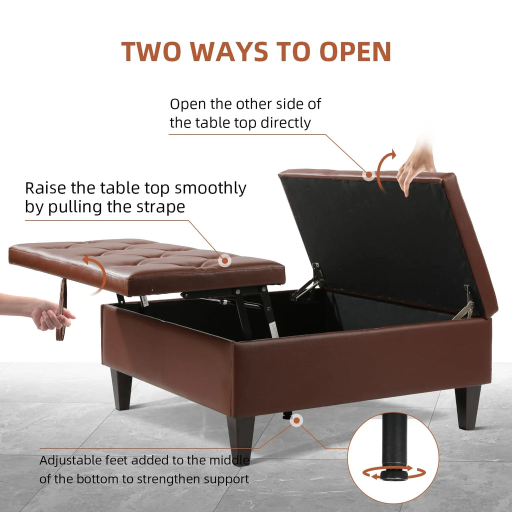 Dark Brown Faux Leather Square Storage Ottoman T256